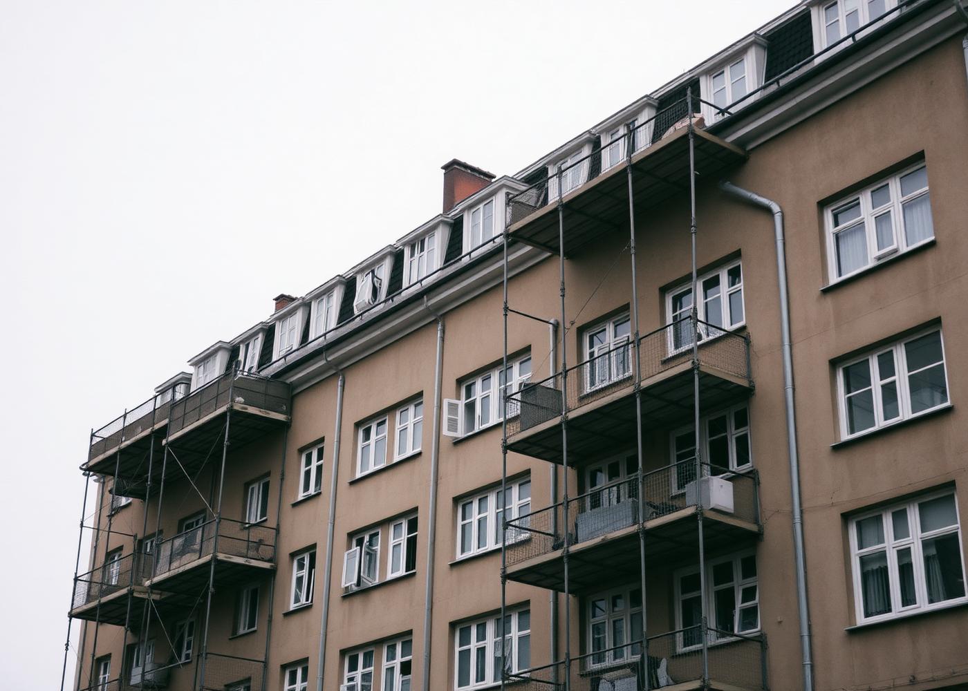 Ældre etageejendom med stillads under renovering