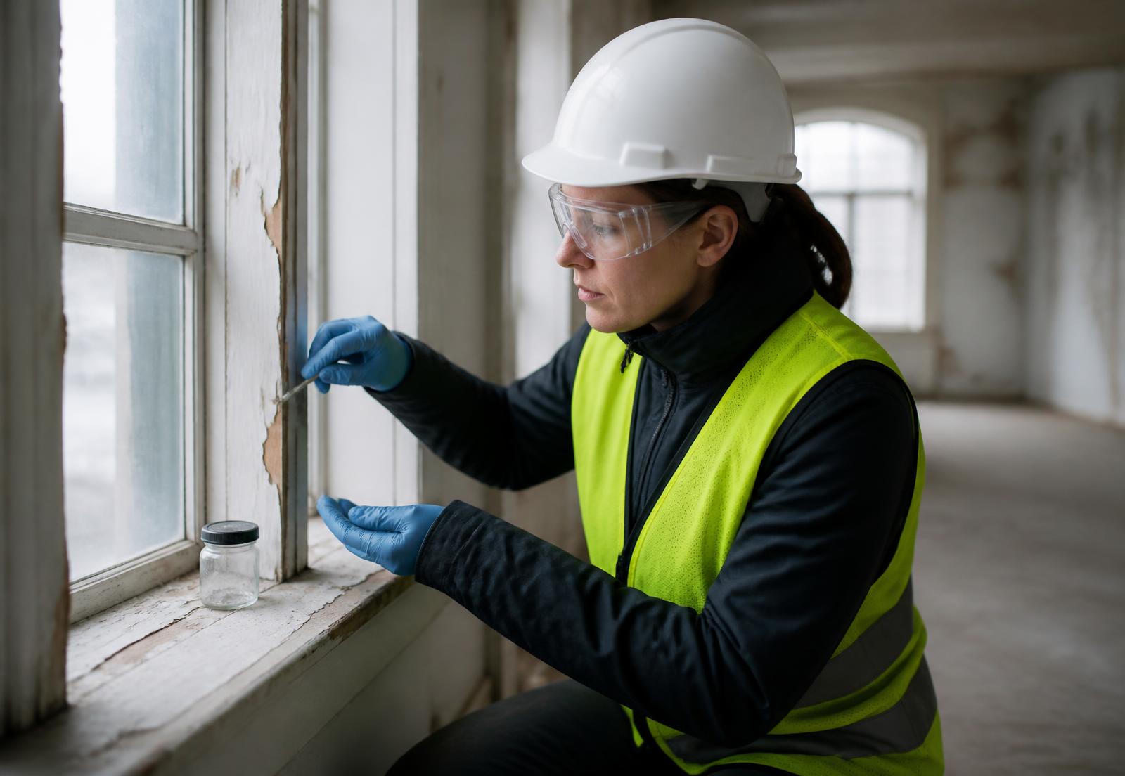 Miljørådgiver udtager materialeprøve af gammel maling i bygning under renovering